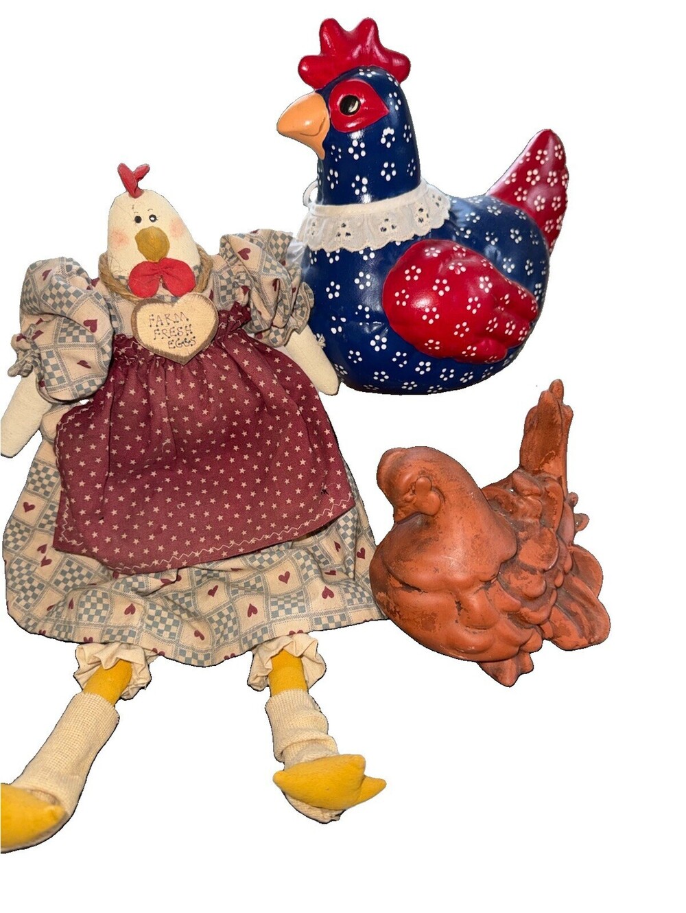 3 piece hand painted Farm House Chicken figurines Country Decor Set